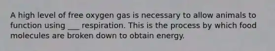 A high level of free oxygen gas is necessary to allow animals to function using ___ respiration. This is the process by which food molecules are broken down to obtain energy.