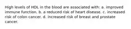 High levels of HDL in the blood are associated with: a. improved immune function. b. a reduced risk of heart disease. c. increased risk of colon cancer. d. increased risk of breast and prostate cancer.