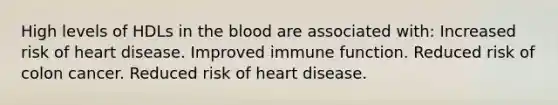 High levels of HDLs in the blood are associated with: Increased risk of heart disease. Improved immune function. Reduced risk of colon cancer. Reduced risk of heart disease.