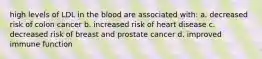 high levels of LDL in the blood are associated with: a. decreased risk of colon cancer b. increased risk of heart disease c. decreased risk of breast and prostate cancer d. improved immune function