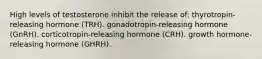 High levels of testosterone inhibit the release of: thyrotropin-releasing hormone (TRH). gonadotropin-releasing hormone (GnRH). corticotropin-releasing hormone (CRH). growth hormone-releasing hormone (GHRH).