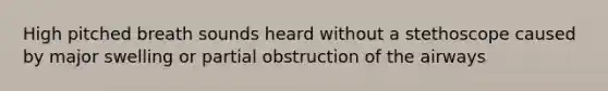 High pitched breath sounds heard without a stethoscope caused by major swelling or partial obstruction of the airways