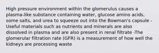 High pressure environment within the glomerulus causes a plasma-like substance containing water, glucose amino acids, some salts, and urea to squeeze out into the Bowman's capsule -Useful materials such as nutrients and minerals are also dissolved in plasma and are also present in renal filtrate -The glomerular filtration rate (GFR) is a measurement of how well the kidneys are processing waste