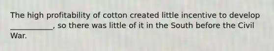 The high profitability of cotton created little incentive to develop ___________, so there was little of it in the South before the Civil War.