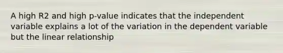 A high R2 and high p-value indicates that the independent variable explains a lot of the variation in the dependent variable but the linear relationship