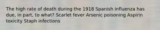 The high rate of death during the 1918 Spanish influenza has due, in part, to what? Scarlet fever Arsenic poisoning Aspirin toxicity Staph infections