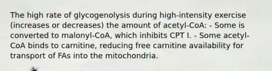 The high rate of glycogenolysis during high-intensity exercise (increases or decreases) the amount of acetyl-CoA: - Some is converted to malonyl-CoA, which inhibits CPT I. - Some acetyl-CoA binds to carnitine, reducing free carnitine availability for transport of FAs into the mitochondria.