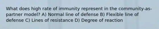 What does high rate of immunity represent in the community-as-partner model? A) Normal line of defense B) Flexible line of defense C) Lines of resistance D) Degree of reaction