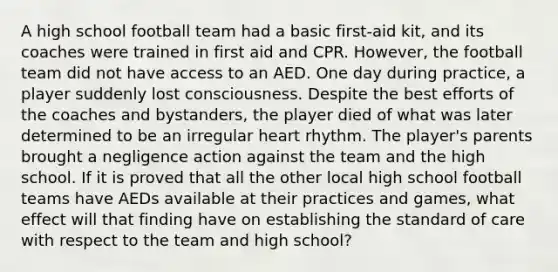 A high school football team had a basic first-aid kit, and its coaches were trained in first aid and CPR. However, the football team did not have access to an AED. One day during practice, a player suddenly lost consciousness. Despite the best efforts of the coaches and bystanders, the player died of what was later determined to be an irregular heart rhythm. The player's parents brought a negligence action against the team and the high school. If it is proved that all the other local high school football teams have AEDs available at their practices and games, what effect will that finding have on establishing the standard of care with respect to the team and high school?