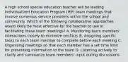 A high school special education teacher will be leading Individualized Education Program (IEP) team meetings that involve numerous service providers within the school and community. Which of the following collaborative approaches would likely be most effective for the teacher to use in facilitating these team meetings? A. Monitoring team members' interactions closely to minimize conflicts B. Assigning specific tasks to each team member to complete before each meeting C. Organizing meetings so that each member has a set time limit for presenting information to the team D. Listening actively to clarify and summarize team members' input during discussions