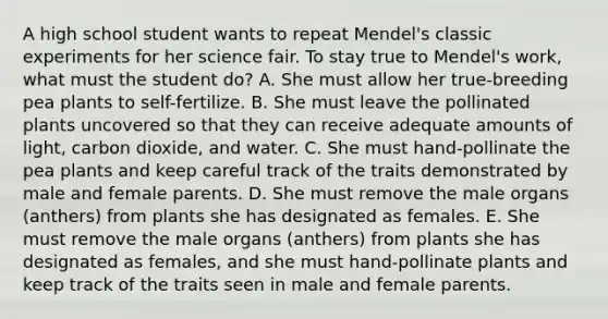 A high school student wants to repeat Mendel's classic experiments for her science fair. To stay true to Mendel's work, what must the student do? A. She must allow her true-breeding pea plants to self-fertilize. B. She must leave the pollinated plants uncovered so that they can receive adequate amounts of light, carbon dioxide, and water. C. She must hand-pollinate the pea plants and keep careful track of the traits demonstrated by male and female parents. D. She must remove the male organs (anthers) from plants she has designated as females. E. She must remove the male organs (anthers) from plants she has designated as females, and she must hand-pollinate plants and keep track of the traits seen in male and female parents.