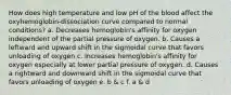 How does high temperature and low pH of the blood affect the oxyhemoglobin-dissociation curve compared to normal conditions? a. Decreases hemoglobin's affinity for oxygen independent of the partial pressure of oxygen. b. Causes a leftward and upward shift in the sigmoidal curve that favors unloading of oxygen c. Increases hemoglobin's affinity for oxygen especially at lower partial pressure of oxygen. d. Causes a rightward and downward shift in the sigmoidal curve that favors unloading of oxygen e. b & c f. a & d