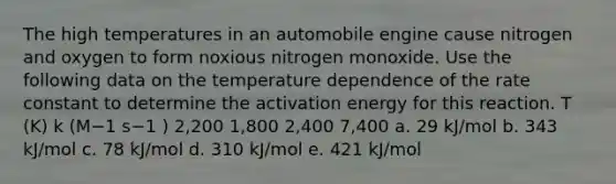 The high temperatures in an automobile engine cause nitrogen and oxygen to form noxious nitrogen monoxide. Use the following data on the temperature dependence of the rate constant to determine the activation energy for this reaction. T (K) k (M−1 s−1 ) 2,200 1,800 2,400 7,400 a. 29 kJ/mol b. 343 kJ/mol c. 78 kJ/mol d. 310 kJ/mol e. 421 kJ/mol