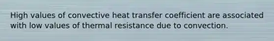 High values of convective heat transfer coefficient are associated with low values of thermal resistance due to convection.