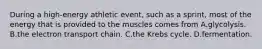 During a high-energy athletic event, such as a sprint, most of the energy that is provided to the muscles comes from A.glycolysis. B.the electron transport chain. C.the Krebs cycle. D.fermentation.