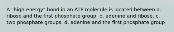 A "high-energy" bond in an ATP molecule is located between a. ribose and the first phosphate group. b. adenine and ribose. c. two phosphate groups. d. adenine and the first phosphate group