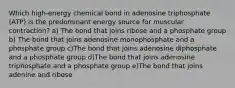 Which high-energy chemical bond in adenosine triphosphate (ATP) is the predominant energy source for muscular contraction? a) The bond that joins ribose and a phosphate group b) The bond that joins adenosine monophosphate and a phosphate group c)The bond that joins adenosine diphosphate and a phosphate group d)The bond that joins adenosine triphosphate and a phosphate group e)The bond that joins adenine and ribose