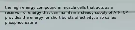 the high-energy compound in muscle cells that acts as a reservoir of energy that can maintain a steady supply of ATP; CP provides the energy for short bursts of activity; also called phosphocreatine