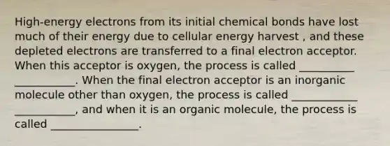 High-energy electrons from its initial chemical bonds have lost much of their energy due to cellular energy harvest , and these depleted electrons are transferred to a final electron acceptor. When this acceptor is oxygen, the process is called __________ ___________. When the final electron acceptor is an inorganic molecule other than oxygen, the process is called ____________ ___________, and when it is an organic molecule, the process is called ________________.