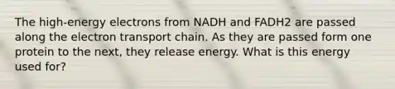 The high-energy electrons from NADH and FADH2 are passed along the electron transport chain. As they are passed form one protein to the next, they release energy. What is this energy used for?