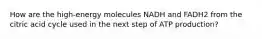 How are the high-energy molecules NADH and FADH2 from the citric acid cycle used in the next step of ATP production?