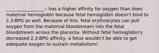 _________________-- has a higher affinity for oxygen than does maternal hemoglobin because fetal hemoglobin doesn't bind to 2,3-BPG as well. Because of this, fetal erythrocytes can pull oxygen from the maternal bloodstream into the fetal bloodstream across the placenta. Without fetal hemoglobin's decreased 2,3-BPG affinity, a fetus wouldn't be able to get adequate oxygen to sustain metabolism!