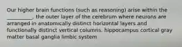 Our higher brain functions (such as reasoning) arise within the __________, the outer layer of the cerebrum where neurons are arranged in anatomically distinct horizontal layers and functionally distinct vertical columns. hippocampus cortical gray matter basal ganglia limbic system