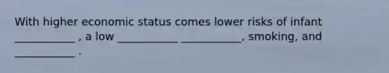 With higher economic status comes lower risks of infant ___________ , a low ___________ ___________, smoking, and ___________ .