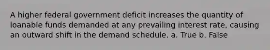 A higher federal government deficit increases the quantity of loanable funds demanded at any prevailing interest rate, causing an outward shift in the demand schedule. a. True b. False