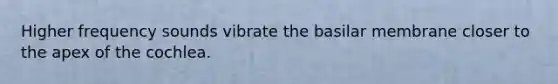 Higher frequency sounds vibrate the basilar membrane closer to the apex of the cochlea.