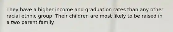 They have a higher income and graduation rates than any other racial ethnic group. Their children are most likely to be raised in a two parent family.