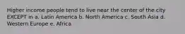 Higher income people tend to live near the center of the city EXCEPT in a. Latin America b. North America c. South Asia d. Western Europe e. Africa