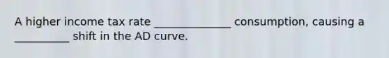 A higher income tax rate ______________ consumption, causing a __________ shift in the AD curve.