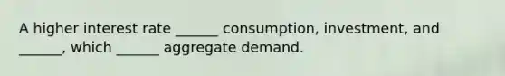 A higher interest rate ______ consumption, investment, and ______, which ______ aggregate demand.