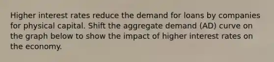 Higher interest rates reduce the demand for loans by companies for physical capital. Shift the aggregate demand (AD) curve on the graph below to show the impact of higher interest rates on the economy.