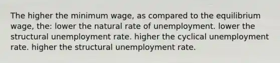 The higher the minimum wage, as compared to the equilibrium wage, the: lower the natural rate of unemployment. lower the structural <a href='https://www.questionai.com/knowledge/kh7PJ5HsOk-unemployment-rate' class='anchor-knowledge'>unemployment rate</a>. higher the cyclical unemployment rate. higher the structural unemployment rate.