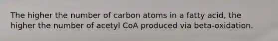 The higher the number of carbon atoms in a fatty acid, the higher the number of acetyl CoA produced via beta-oxidation.