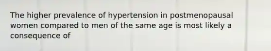 The higher prevalence of hypertension in postmenopausal women compared to men of the same age is most likely a consequence of