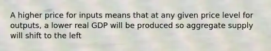 A higher price for inputs means that at any given price level for outputs, a lower real GDP will be produced so aggregate supply will shift to the left