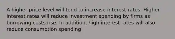 A higher price level will tend to increase interest rates. Higher interest rates will reduce investment spending by firms as borrowing costs rise. In addition, high interest rates will also reduce consumption spending