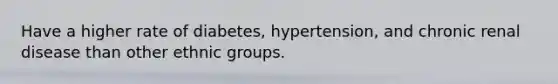 Have a higher rate of diabetes, hypertension, and chronic renal disease than other ethnic groups.