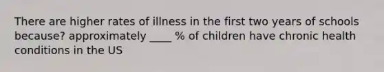 There are higher rates of illness in the first two years of schools because? approximately ____ % of children have chronic health conditions in the US