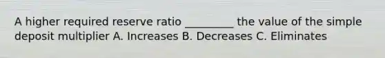 A higher required reserve ratio _________ the value of the simple deposit multiplier A. Increases B. Decreases C. Eliminates