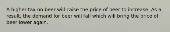 A higher tax on beer will caise the price of beer to increase. As a result, the demand for beer will fall which will bring the price of beer lower again.