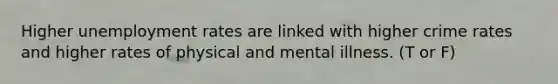 Higher unemployment rates are linked with higher crime rates and higher rates of physical and mental illness. (T or F)