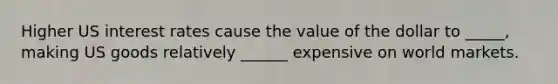 Higher US interest rates cause the value of the dollar to _____, making US goods relatively ______ expensive on world markets.