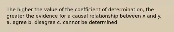 The higher the value of the coefficient of determination, the greater the evidence for a causal relationship between x and y. a. agree b. disagree c. cannot be determined