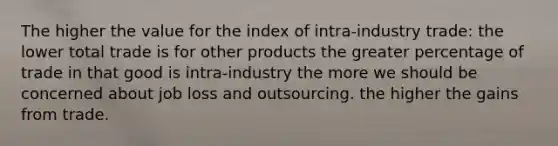 The higher the value for the index of intra-industry trade: the lower total trade is for other products the greater percentage of trade in that good is intra-industry the more we should be concerned about job loss and outsourcing. the higher the gains from trade.