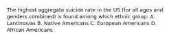 The highest aggregate suicide rate in the US (for all ages and genders combined) is found among which ethnic group: A. Lantinos/as B. Native Americans C. European Americans D. African Americans