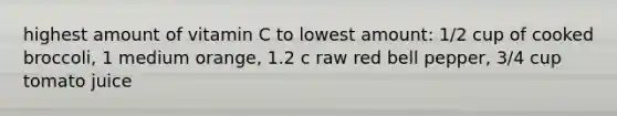 highest amount of vitamin C to lowest amount: 1/2 cup of cooked broccoli, 1 medium orange, 1.2 c raw red bell pepper, 3/4 cup tomato juice